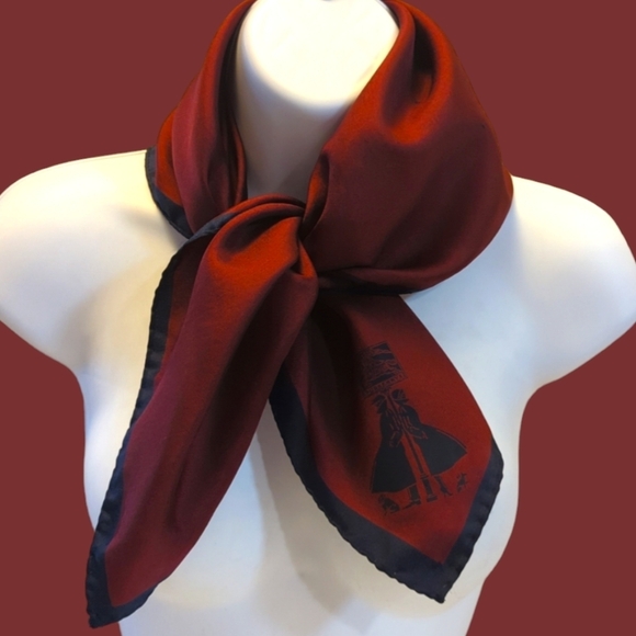 Burberrys Authentic Burgundy w Navy Trim Silk Scarf Vintage 26" x 26" - Picture 6 of 13